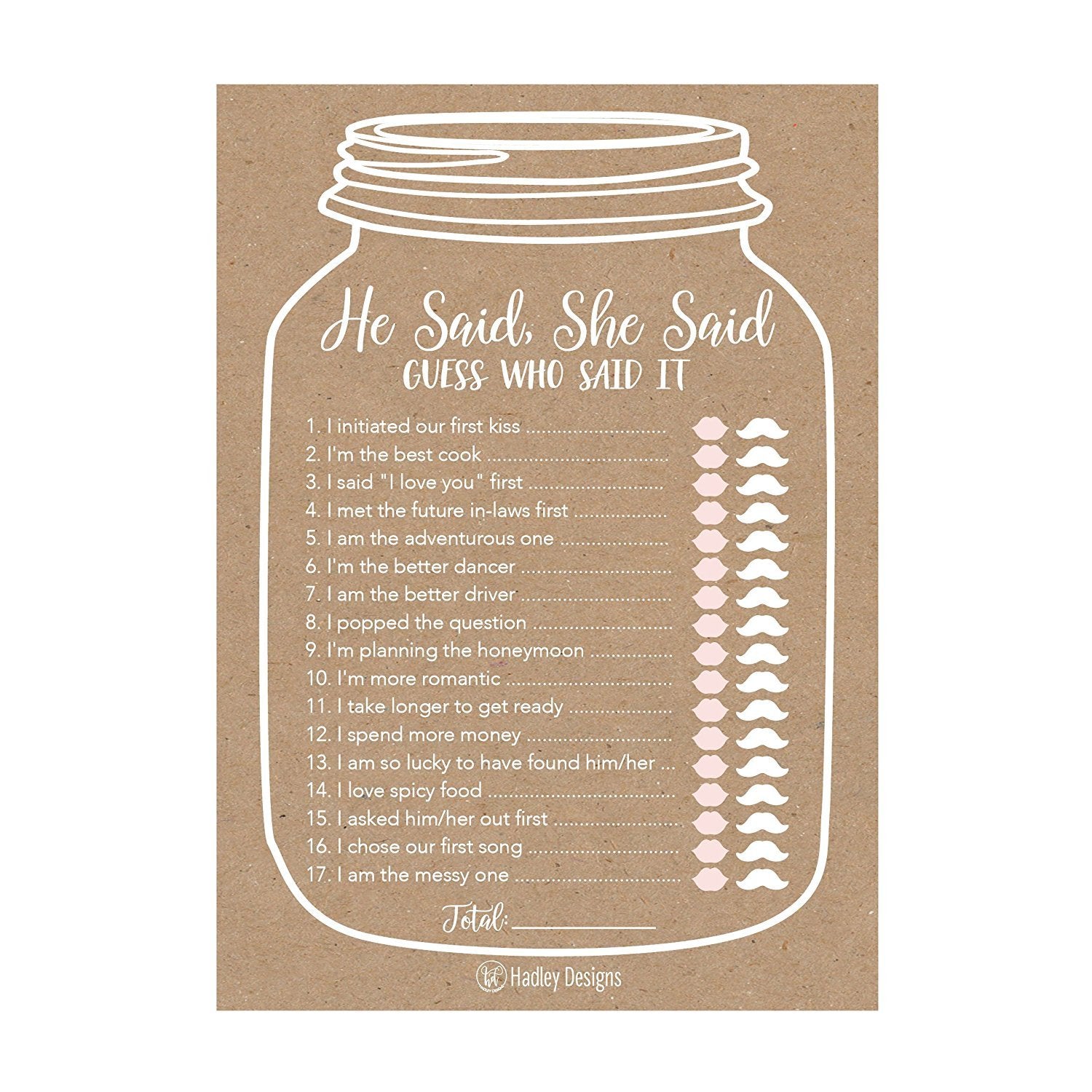 He Said She Said Bridal Shower Games | Set of 25 | Cards & Party
