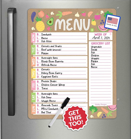 Colorful Weekly Dinner Menu Board for Kitchen - Magnetic Meal Planner for Refrigerator White Board Dry Erase, Weekly Menu Board for Fridge Whiteboard, Weekly Meal Planner Magnetic Fridge Whiteboard