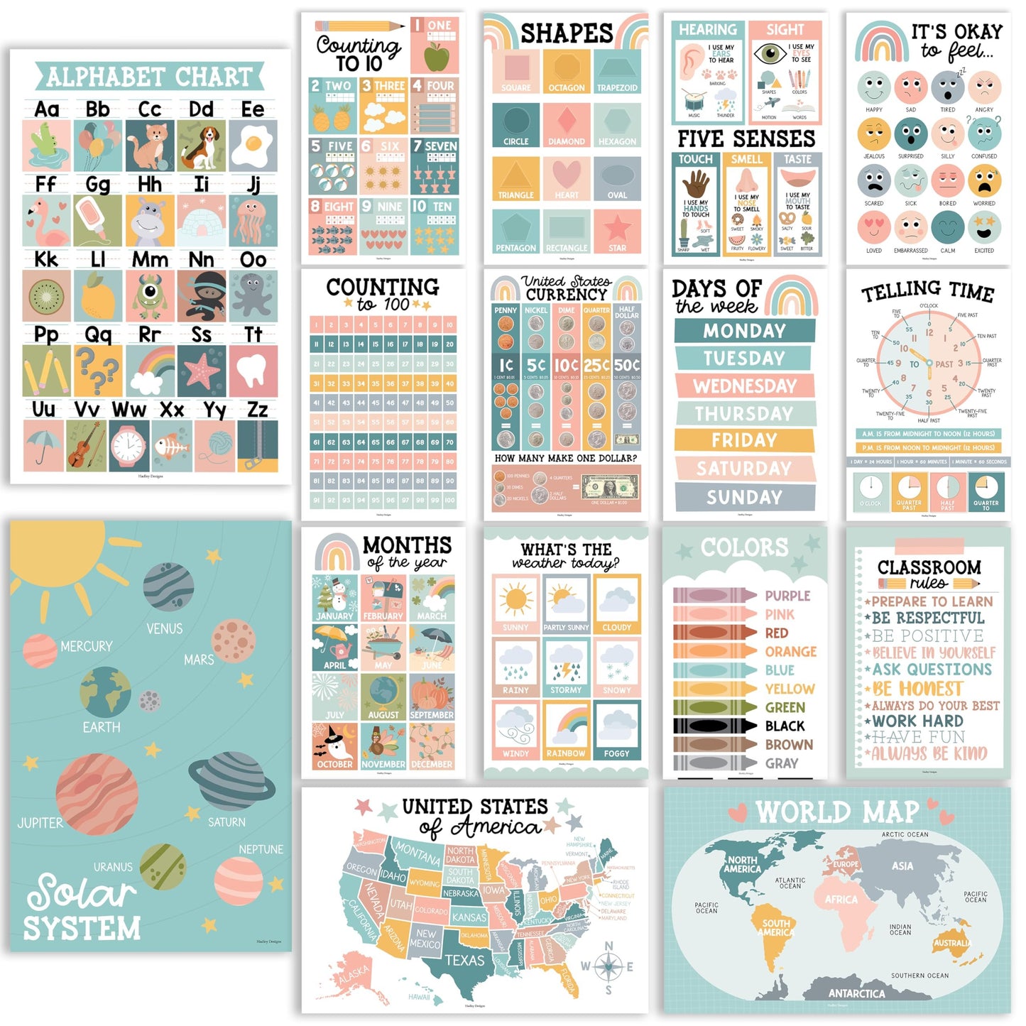 Boho Muted Educational Posters | Set of 16 | Classroom Supplies