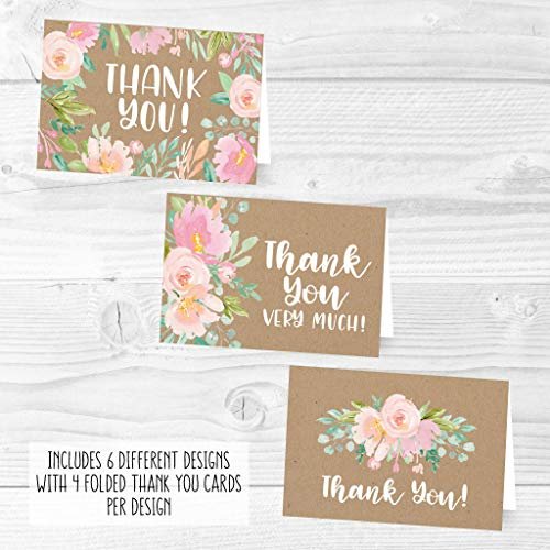 Blush Floral Kraft Folded Thank You Cards | Set of 24 | General