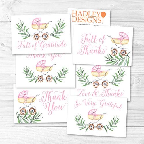 Pink Baby Carriage Folded Thank You Cards | Set of 24 | Baby Shower