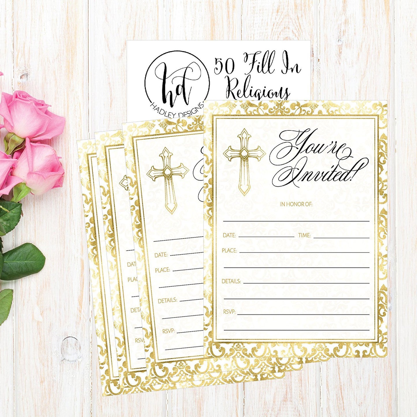 50 Gold Religious Invitations, Confirmation, Holy Communion, Baptism, Christening, Baby Dedication or Blessing, Reconciliation, 1st First Communion Invites, Easter Party Invitation Cards