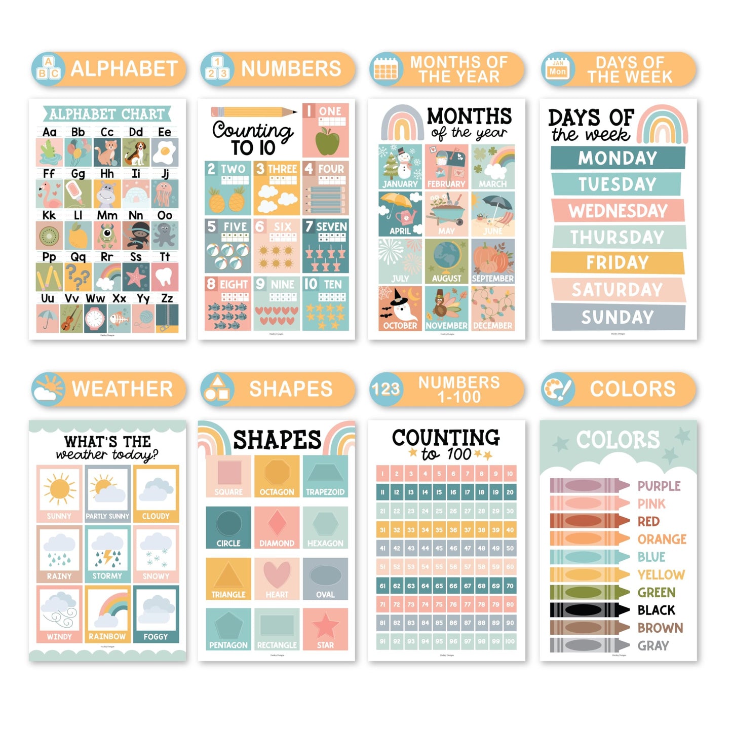 Boho Muted Educational Posters | Set of 16 | Classroom Supplies