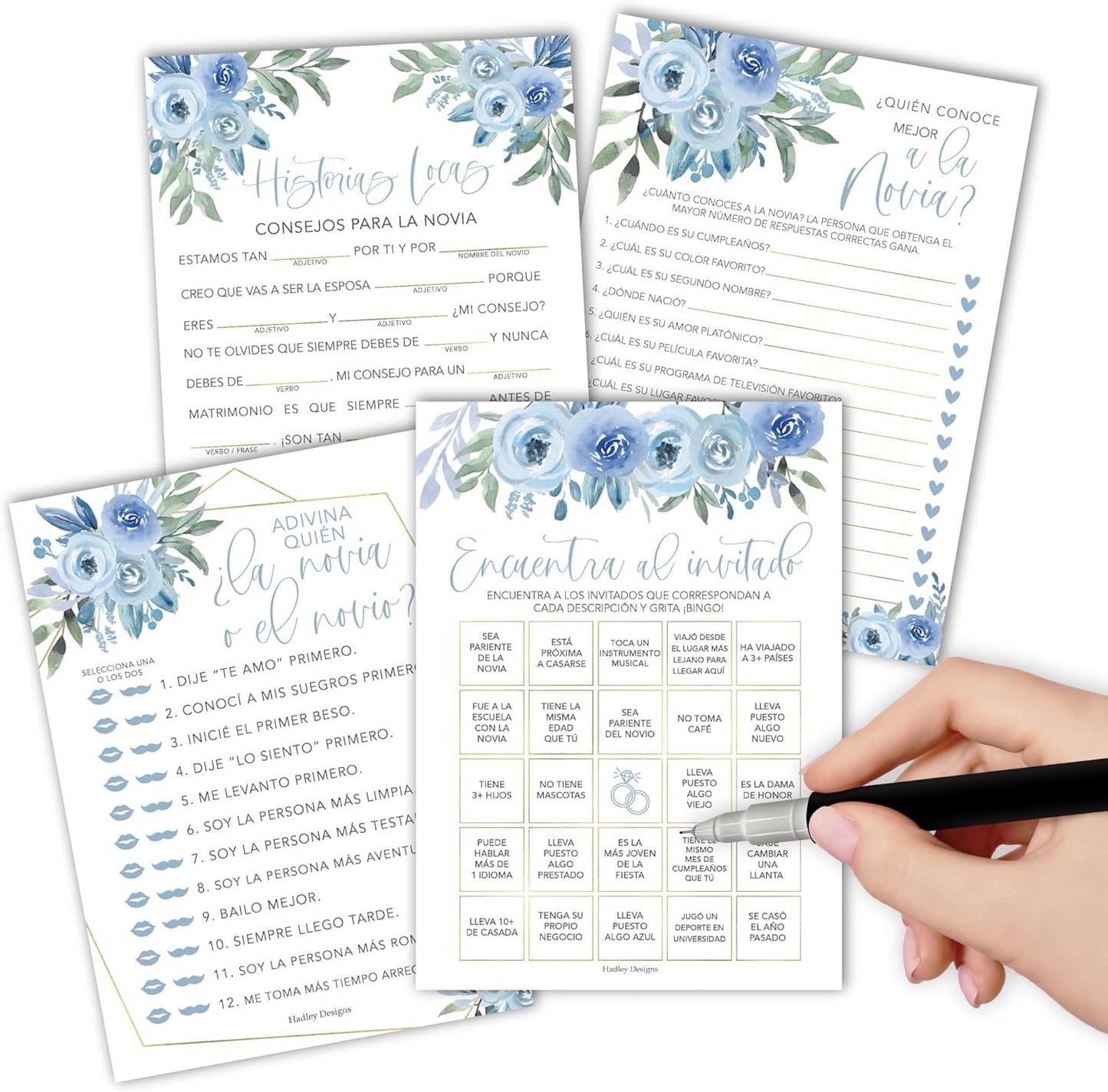 Dusty Blue Spanish Bridal Shower Games 20 Guests - Juegos Para Despedida De Soltera En Español, Wedding Shower Games, Bridal Shower Bingo In Spanish, Popular Bridal Shower Games Spanish Edition