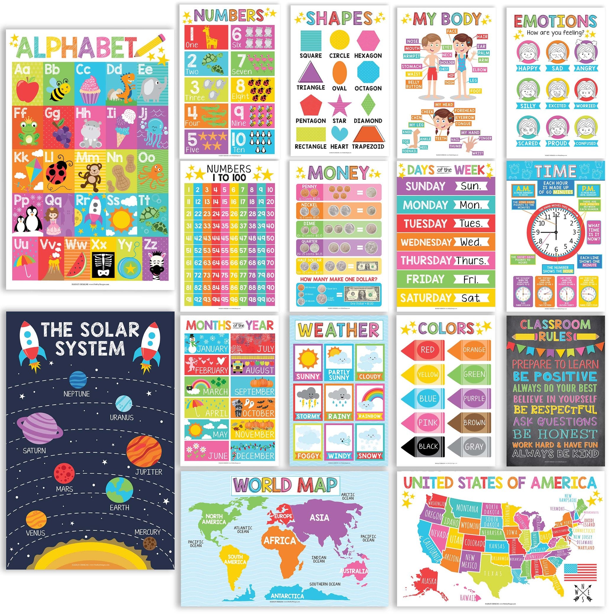 PreK Educational Posters | Set of 16 | Classroom Supplies