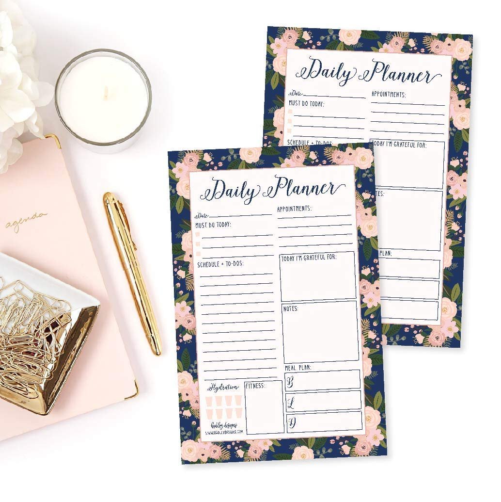 Navy Floral Undated Daily Task Planner To do List Pad, School Family Life Work Personal Productivity Notepad, Day Schedule Organizer Cute Birthday Gift Idea Health Goal Habit Tracker 50 Tear Off Pages