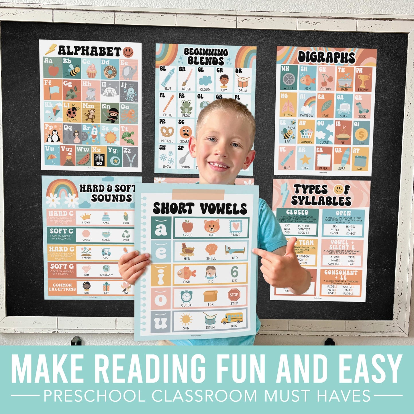 Retro Phonics & Vowel Posters | Set of 9 | Educational Posters