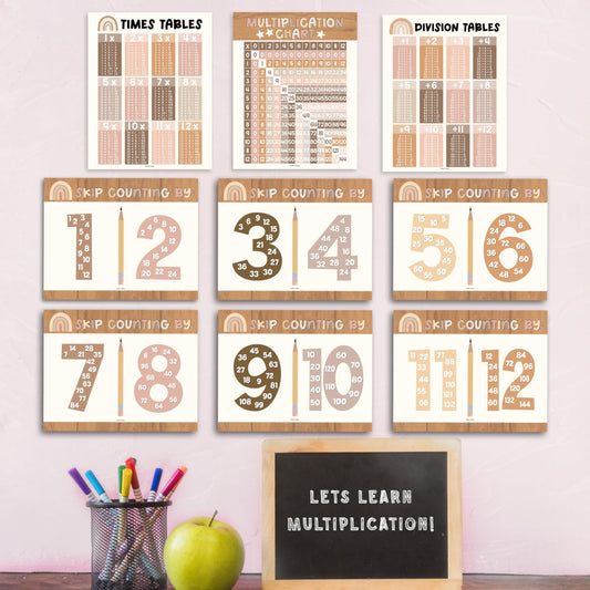 Boho Muted Multiplication Chart Poster | Set of 9 | Educational Posters