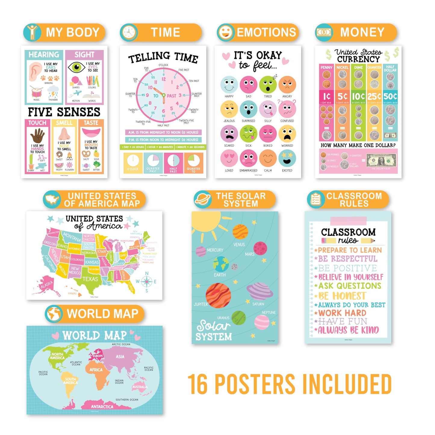 Colorful Pastel Educational Posters | Set of 16 | Classroom Supplies