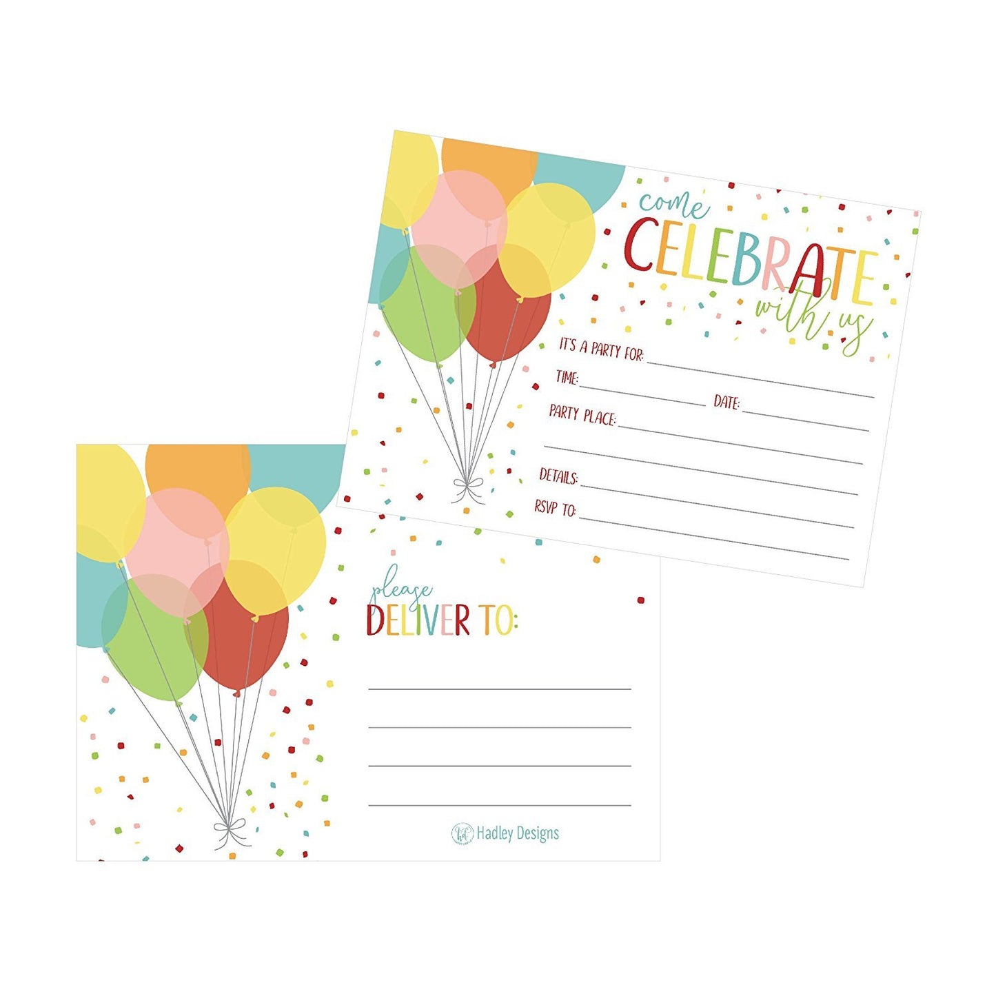 25 Rainbow Balloon Party Invitations for Kids, Teens, Adults, Boys & Girls, Blank Children Happy 1st Birthday Invitation Cards, Unique Baby First Bday Invites, Toddler 1 2 3 Year Old Invites Fill In