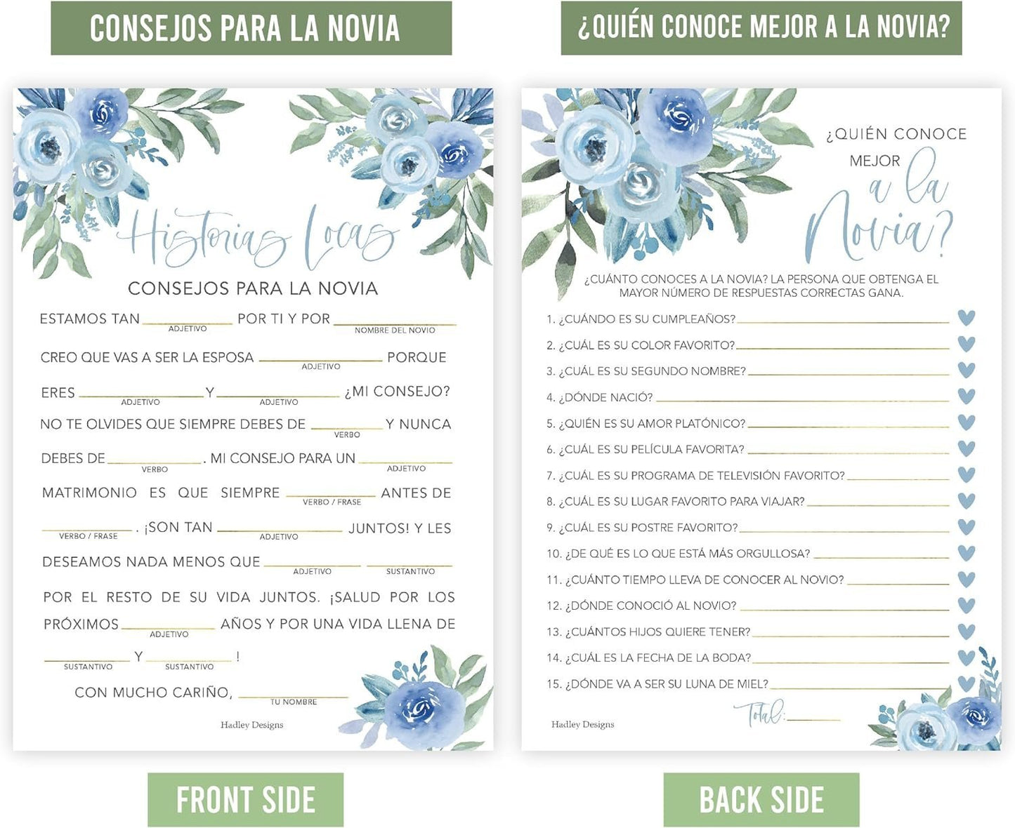 Spanish Bingo, Trivia, Mad Libs | Set of 20 | Spanish Bridal Shower Games