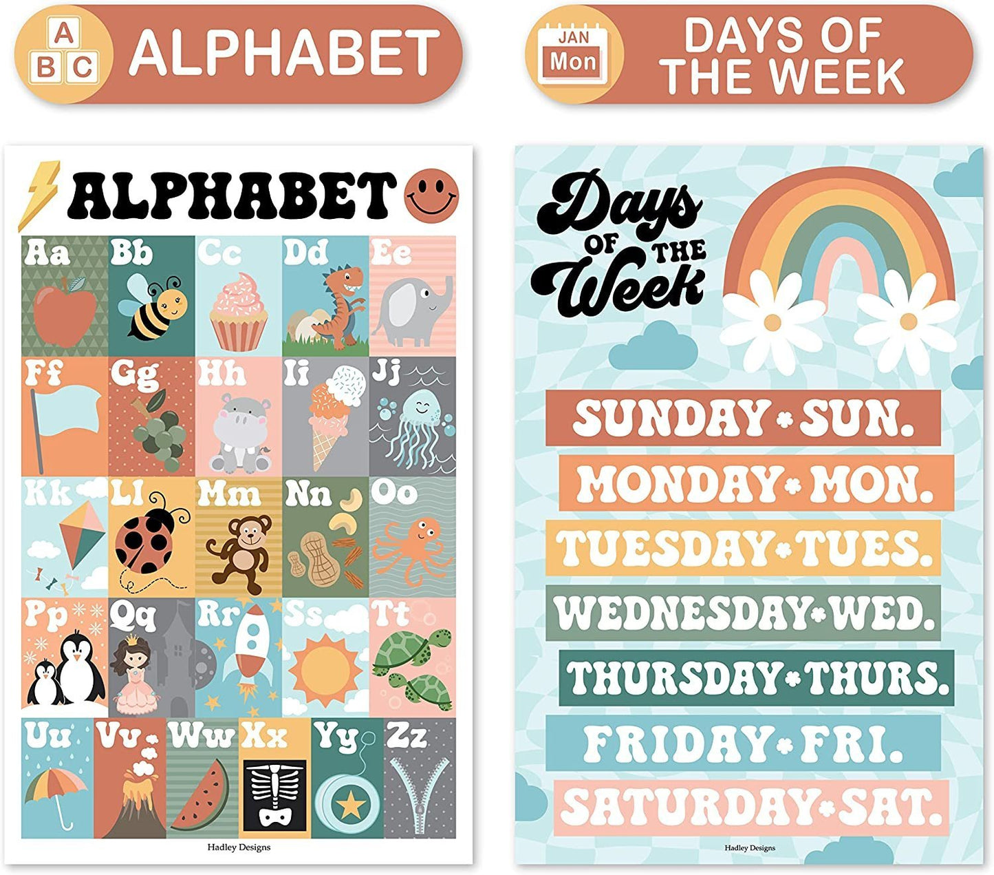 Retro ABC, Days, Months, & Weather Prek Posters | Set of 4 | Educational Posters