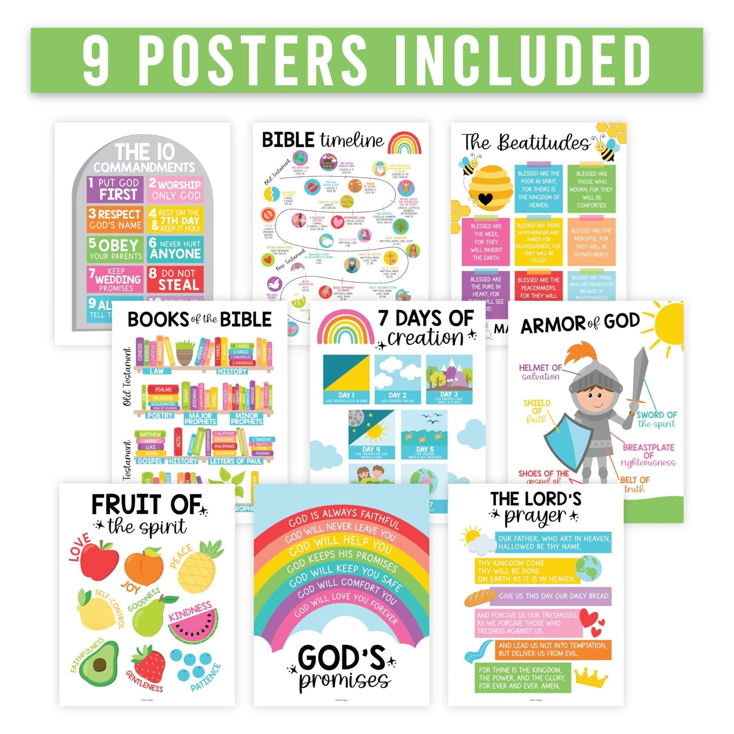 Colorful Rainbow Bible Posters| Set of 9 | Sunday School Classroom