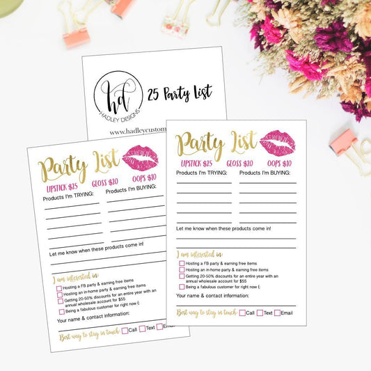 25 Lipstick Beauty Makeup Party Planner List Cards, Lip Sense Marketing Join My Team Business Distributor Supplies, Lipsense Younique Mary Kay Avon Amaway Seller Materials Tools Items Stuff Stater Kit