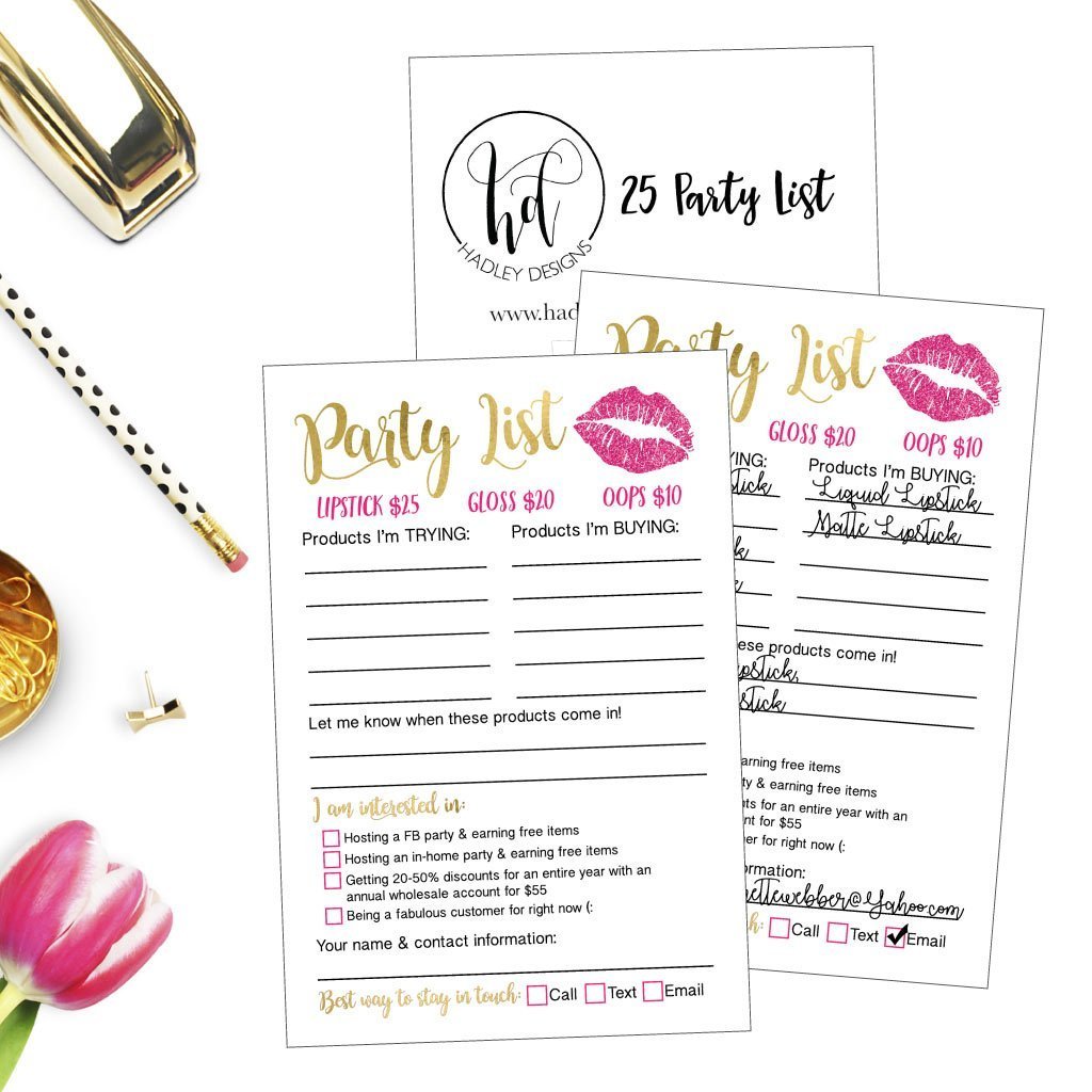 25 Lipstick Beauty Makeup Party Planner List Cards, Lip Sense Marketing Join My Team Business Distributor Supplies, Lipsense Younique Mary Kay Avon Amaway Seller Materials Tools Items Stuff Stater Kit