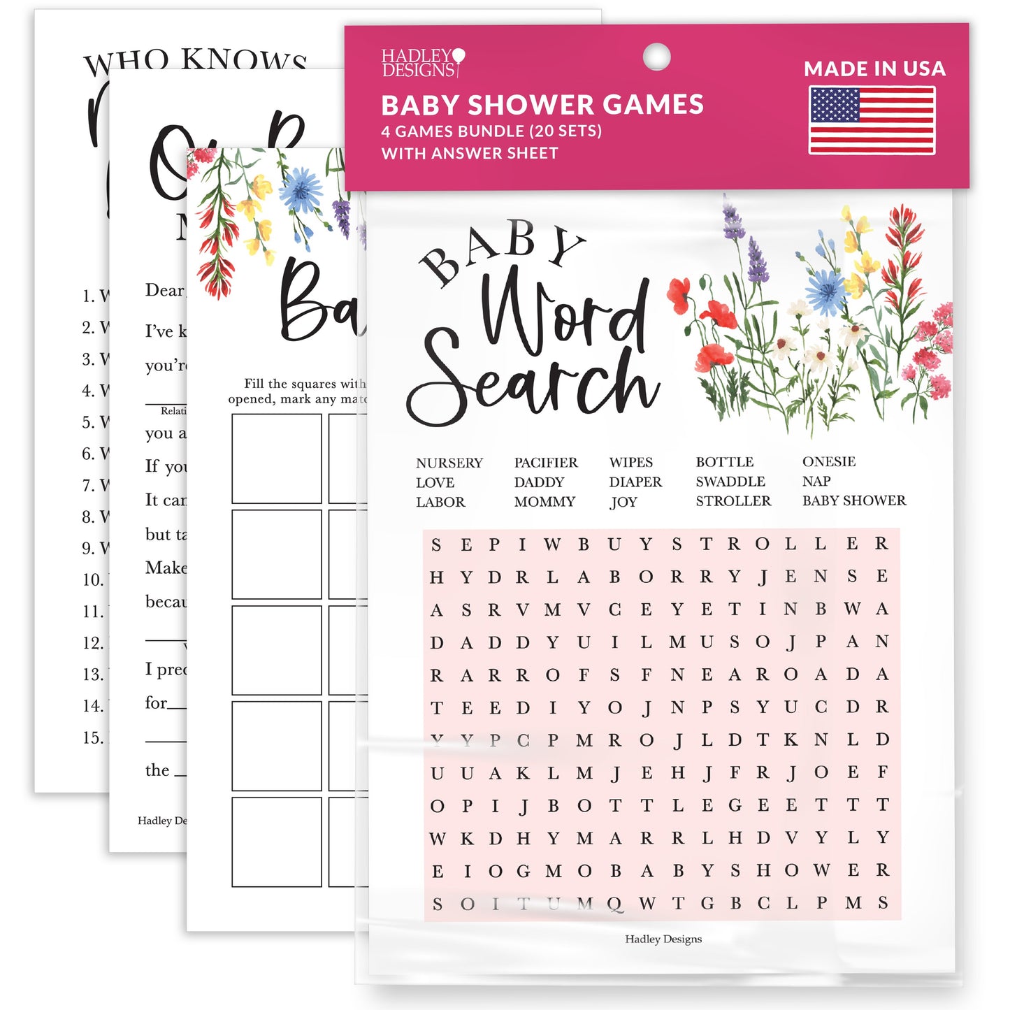 Word Search, Who Knows Mommy Best, Mad Libs, & Bingo Games | Set of 40 | Baby Shower Games
