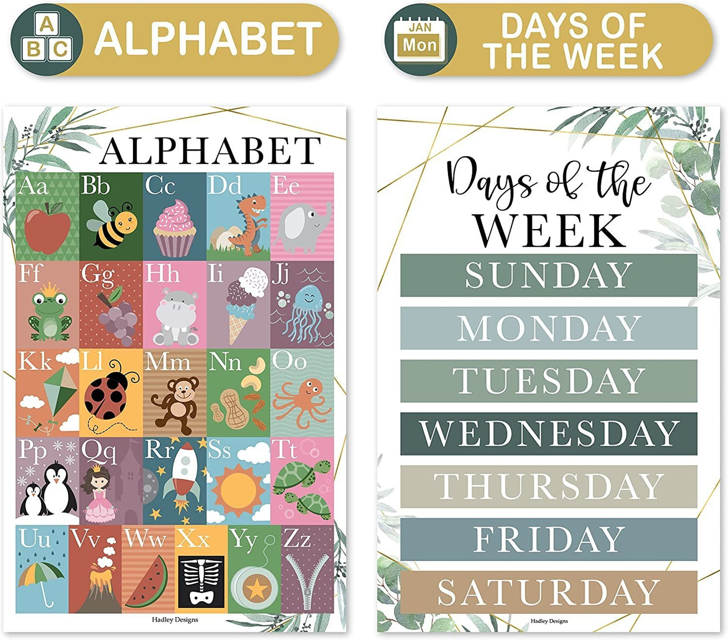 Greenery ABC, Days, Months, & Weather Prek Posters | Set of 4 | Educational Posters