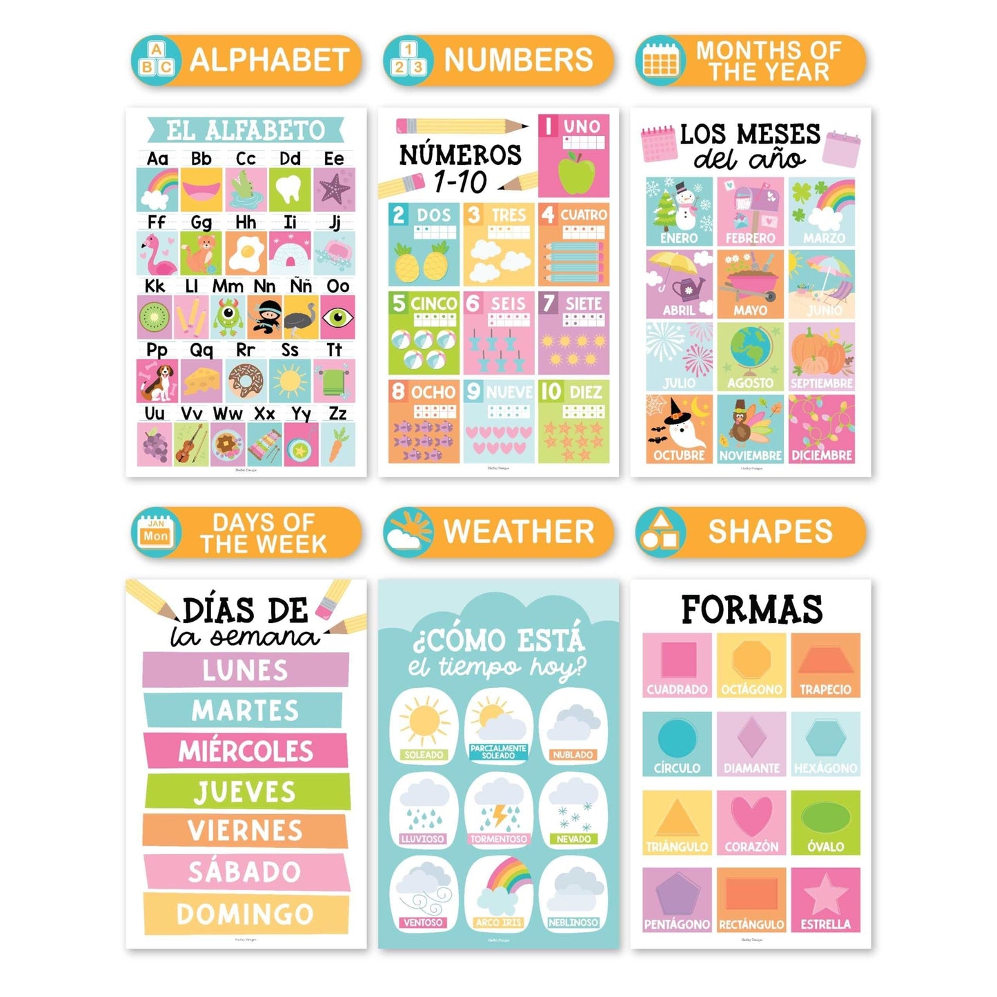 Colorful Pastel Spanish Posters | Set of 12 | Spanish Educational Supplies