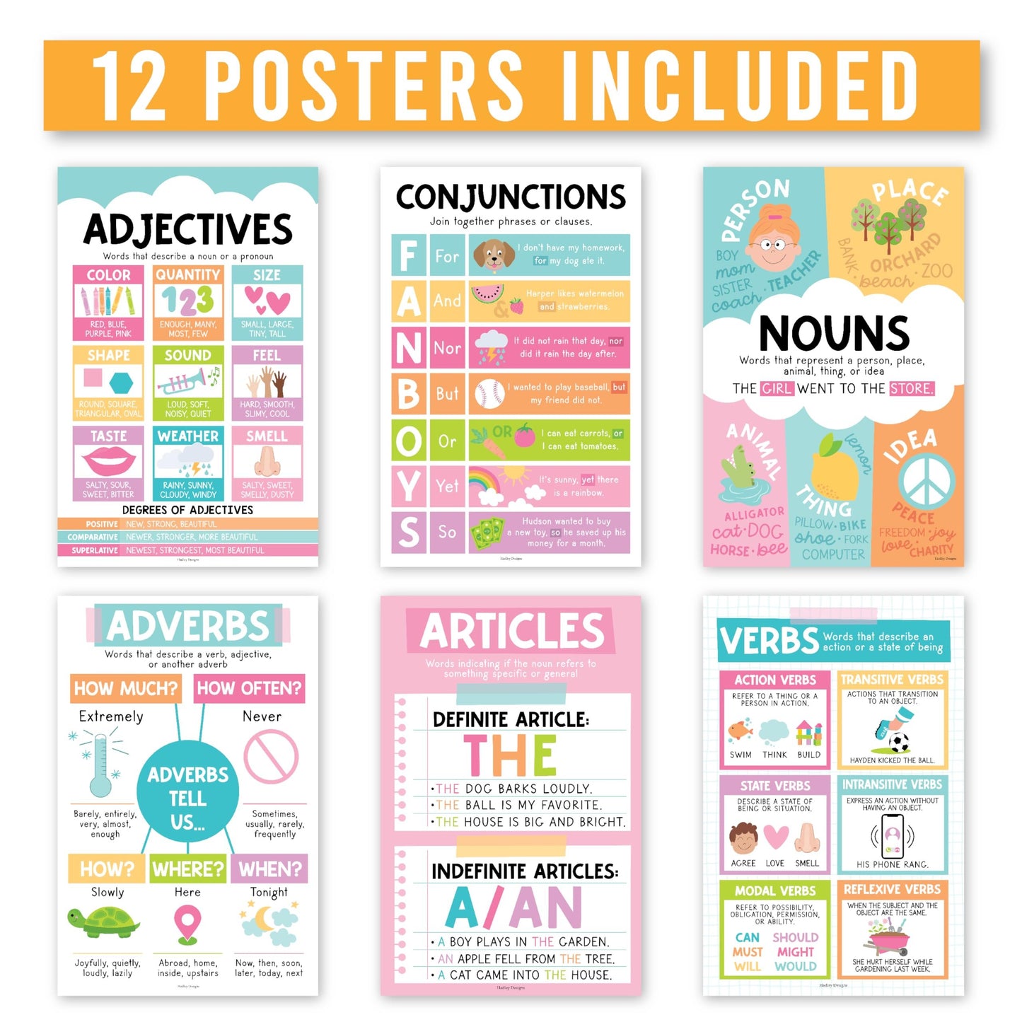 Colorful Pastel Parts of Speech Posters | Set of 12 | Educational Posters