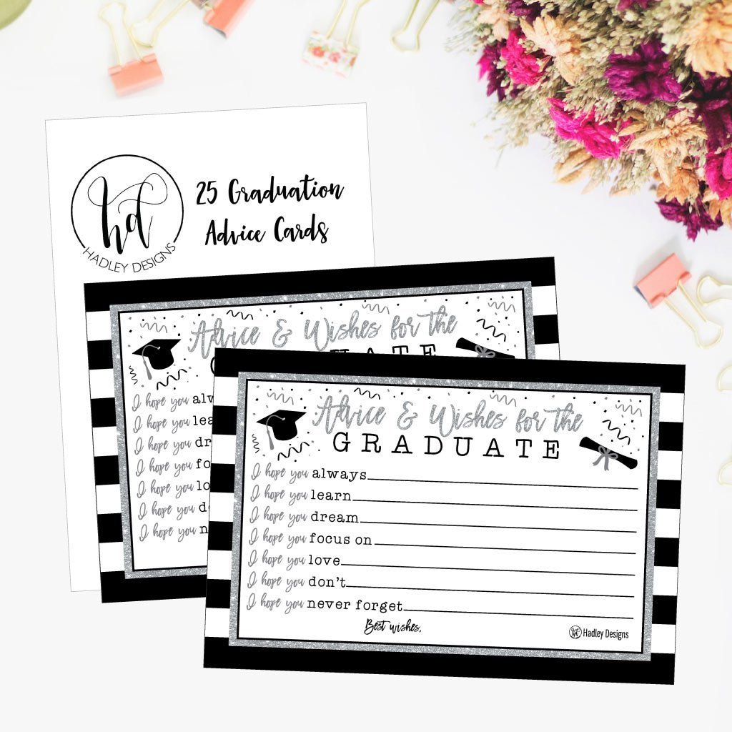 25 Silver Graduation Advice Words of Wisdom Cards For Graduate Class of 2018 College, High School, University Grad, Funny Black and Gold Party Games, Presents, Activities Keepsakes for 4x6 photo album