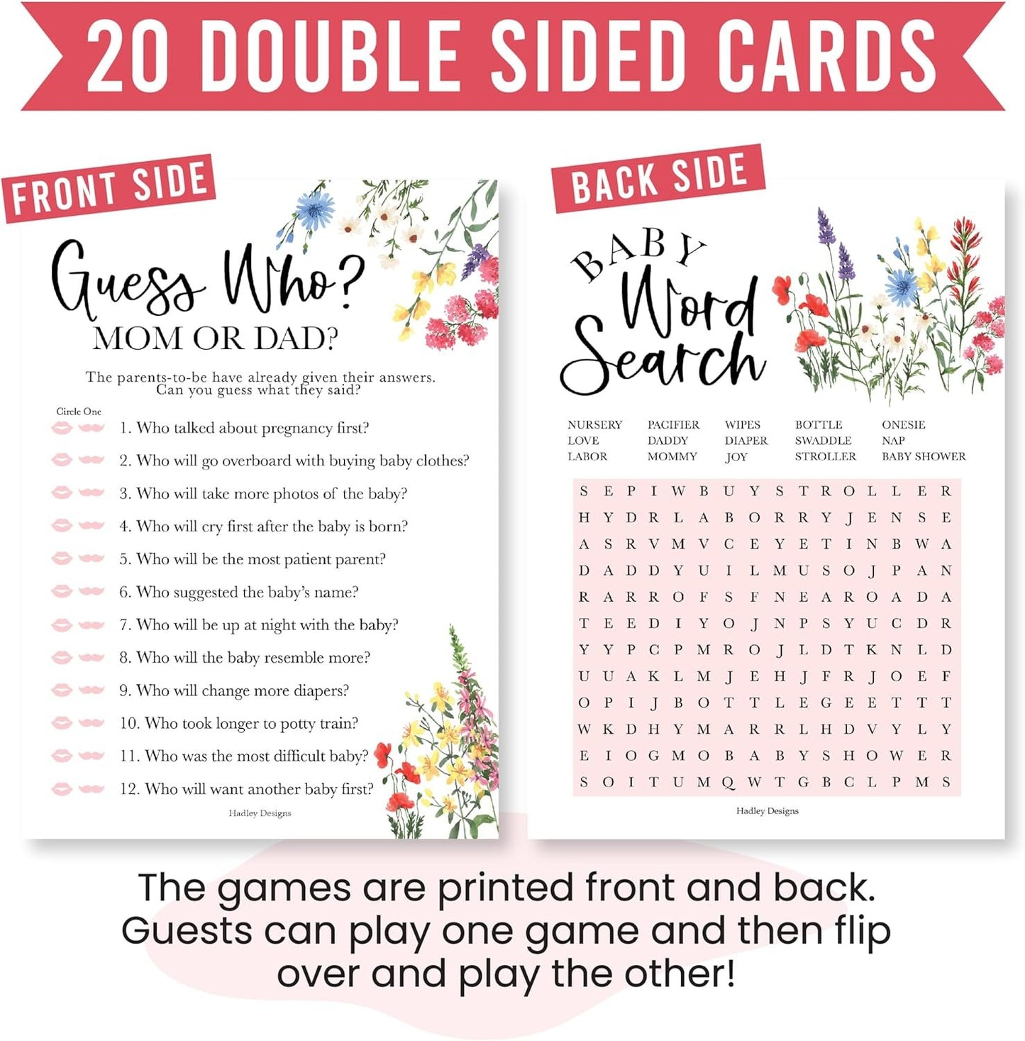 20 Floral Baby Shower Games For Girl - Hilarious Baby Shower Games Girl, Guess Who Mommy Or Daddy Baby Shower Game, Baby Girl Baby Shower Word Search Game, Baby Girl Baby Shower Games Funny