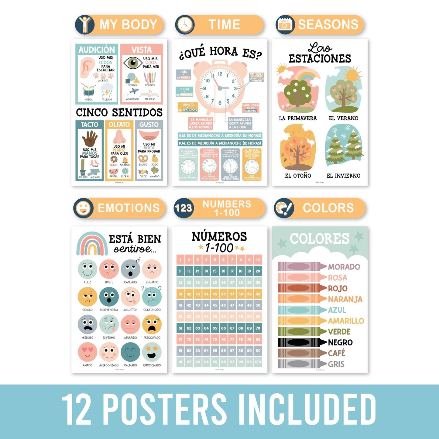 Boho Muted Spanish Posters | Set of 12 | Spanish Educational Supplies