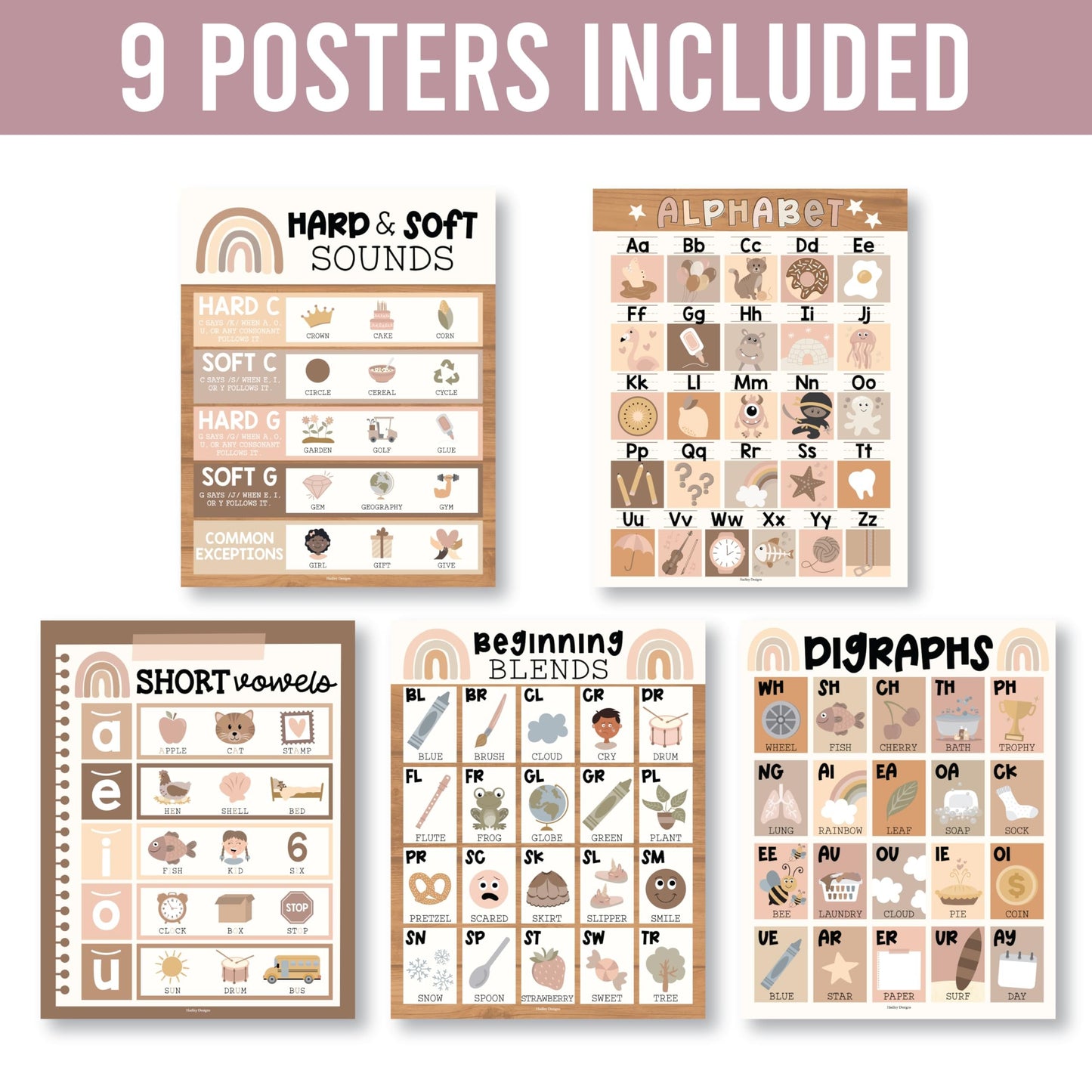 Boho Neutral Phonics & Vowel Posters | Set of 9 | Educational Posters