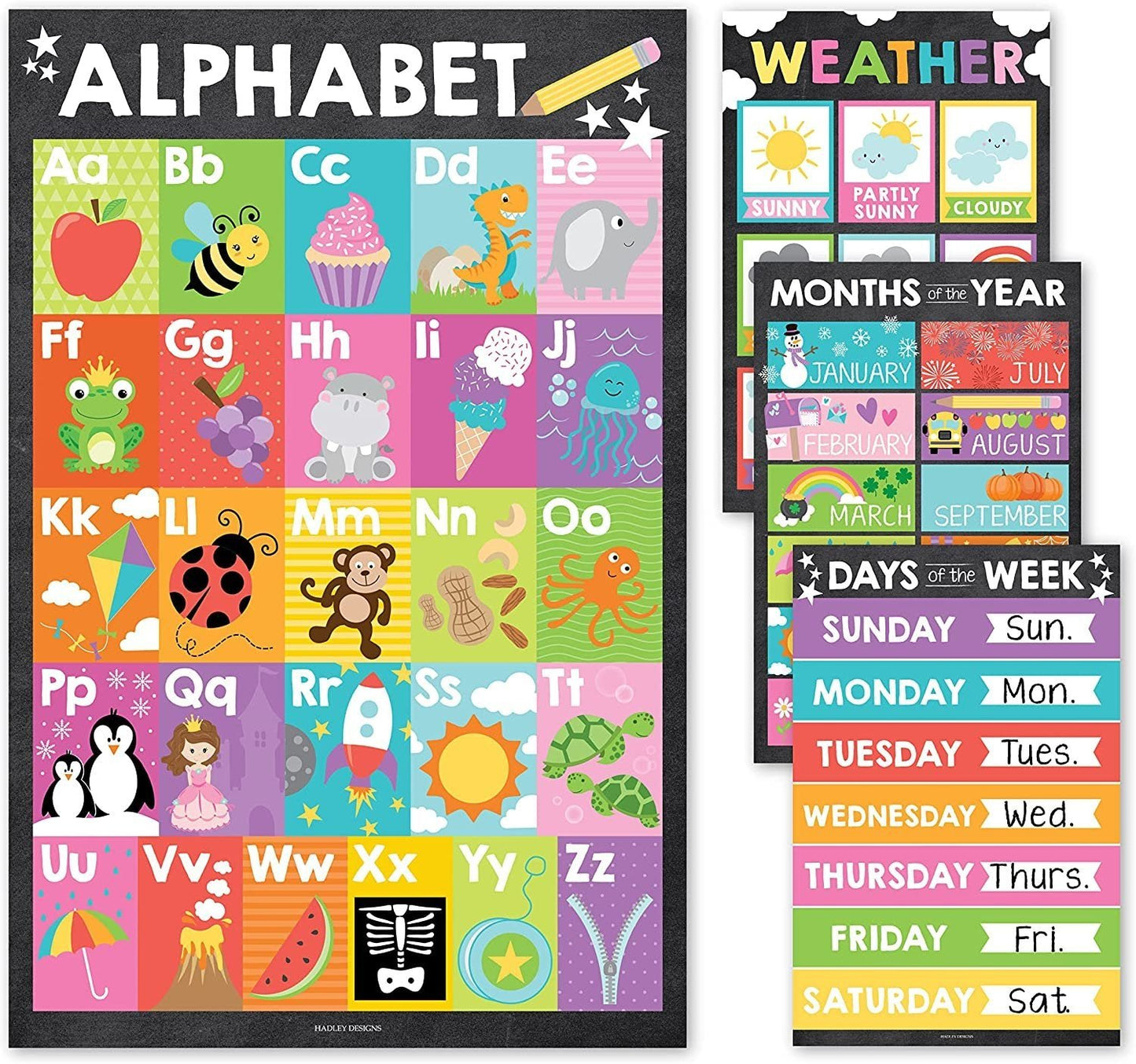 Colorful Chalk ABC, Days, Months, & Weather Prek Posters | Set of 4 | Educational Posters