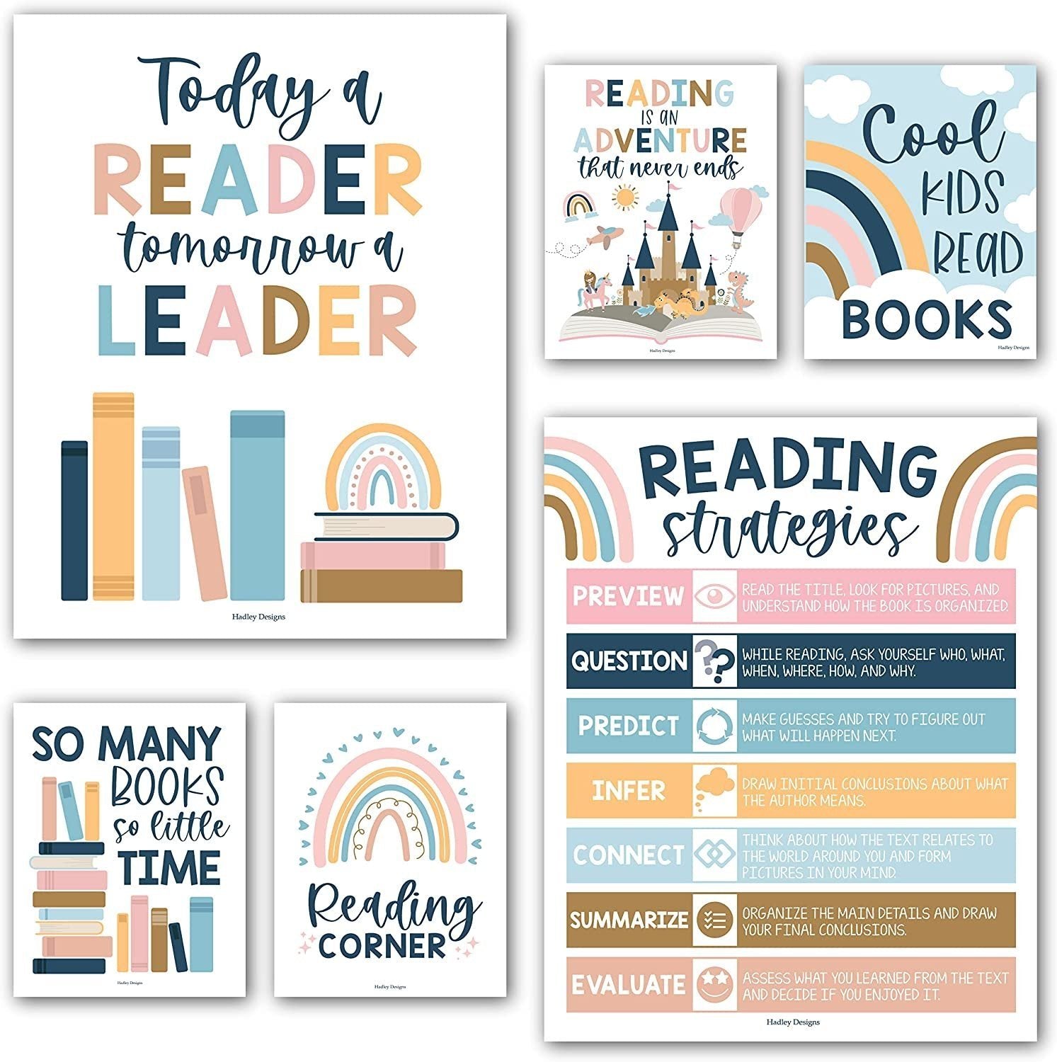 Boho Rainbow Reading Motivational Posters | Set of 6 | Motivational Posters