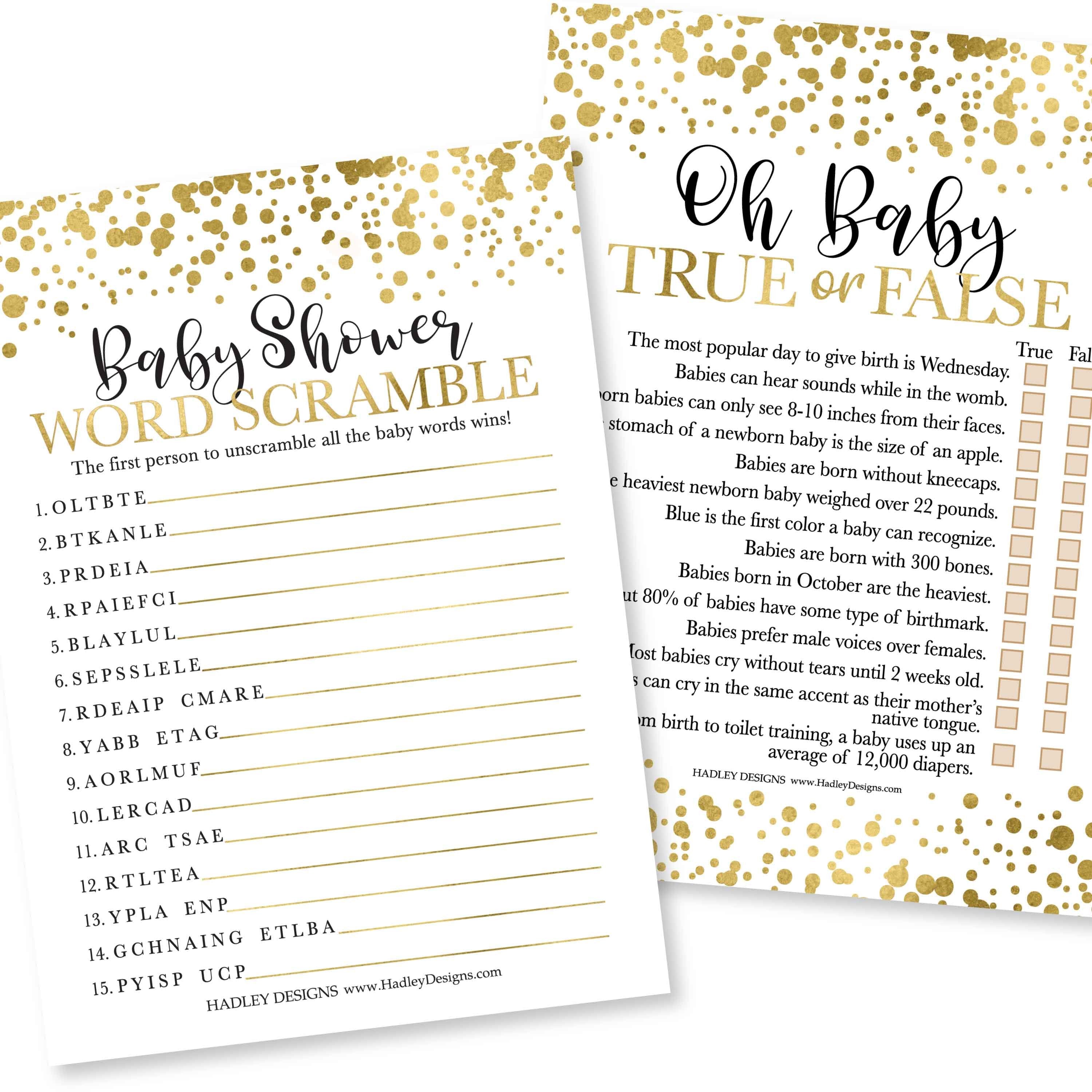Word Scramble & True or False Games | Set of 25 | Baby Shower Games