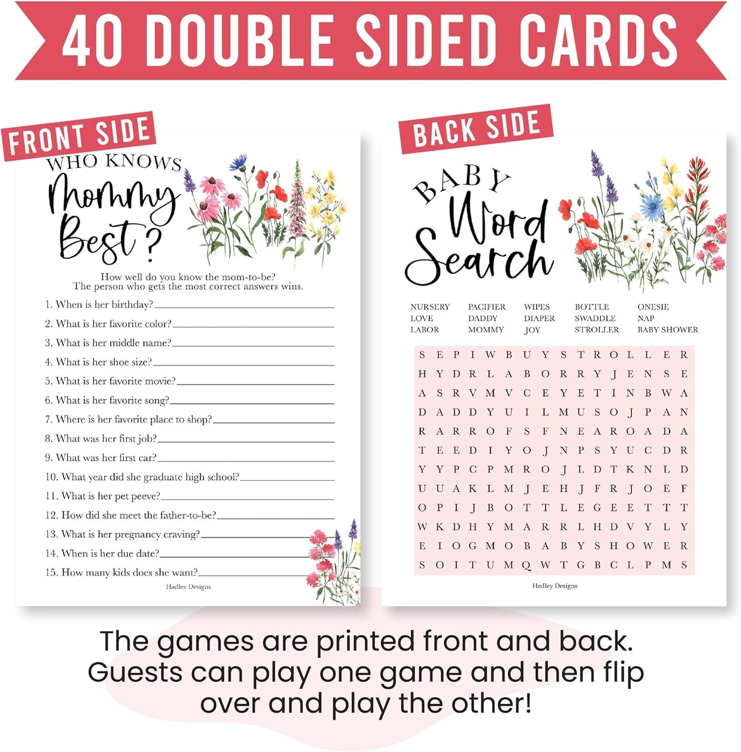 40 Floral Baby Shower Games For Girl - Baby Games For Baby Shower Bingo Game Girl, Who Knows Mommy Best Baby Shower Game, Baby Girl Baby Shower Word Search Game, Advice Cards Baby Shower Mad Libs Game