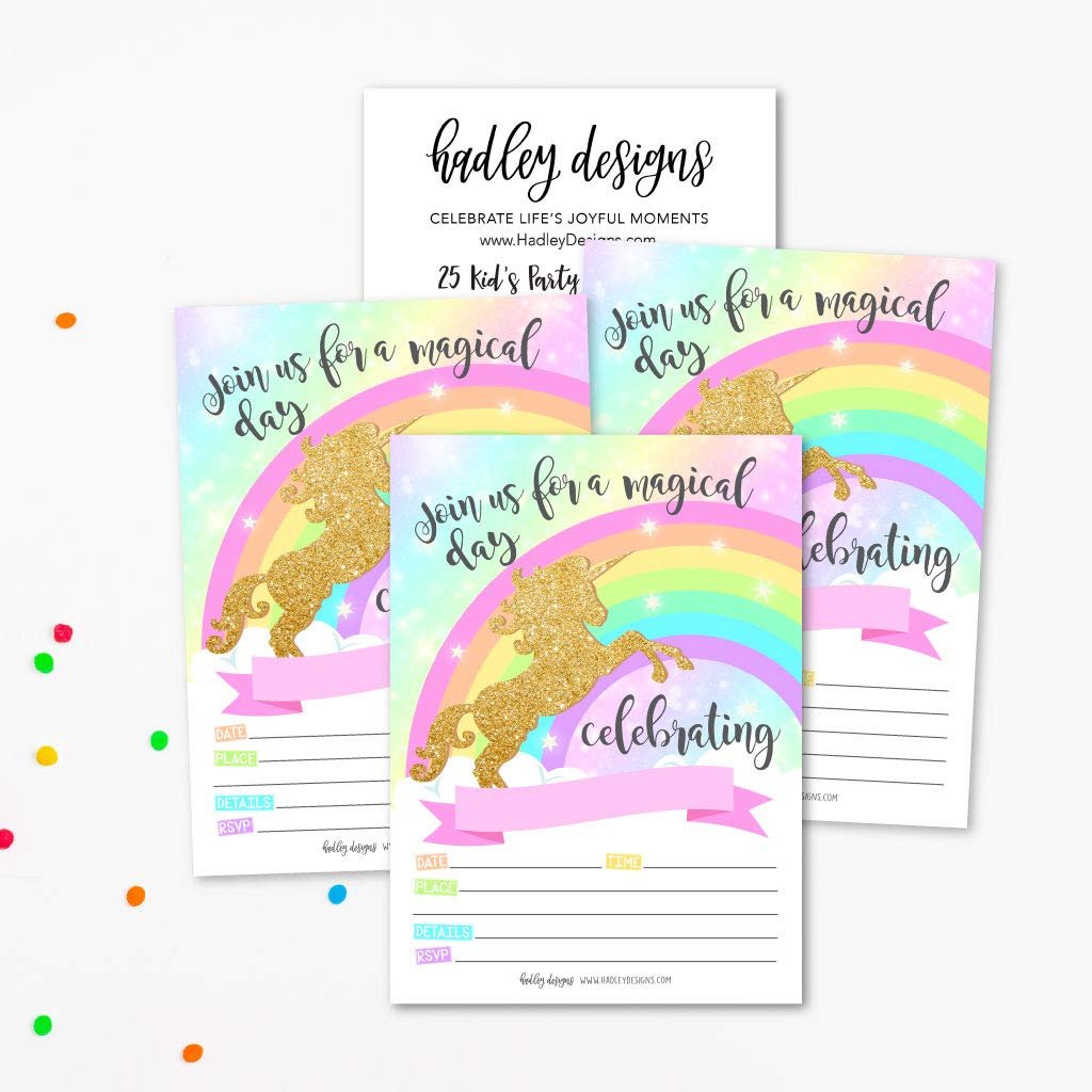 25 Gold Glitter Unicorn Kids Party Invitations