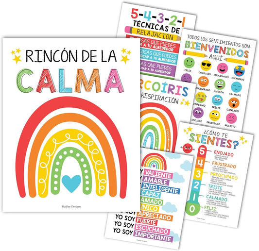 6 Colorful Spanish Classroom Decorations for Teachers - Spanish Classroom Posters Elementary, Calm Down Corner Posters Español, Emociones Poster Spanish, Afirmaciones Positivas Español Poster