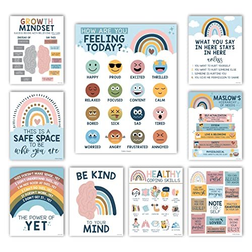 Boho Rainbow Mental Health Posters | Set of 9 | Classroom Decor