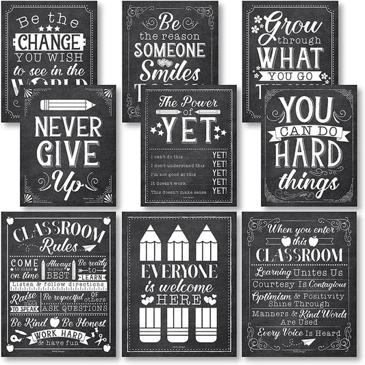 Black & White Chalk Classroom Motivational Posters | Set of 9 | Educational Supplies