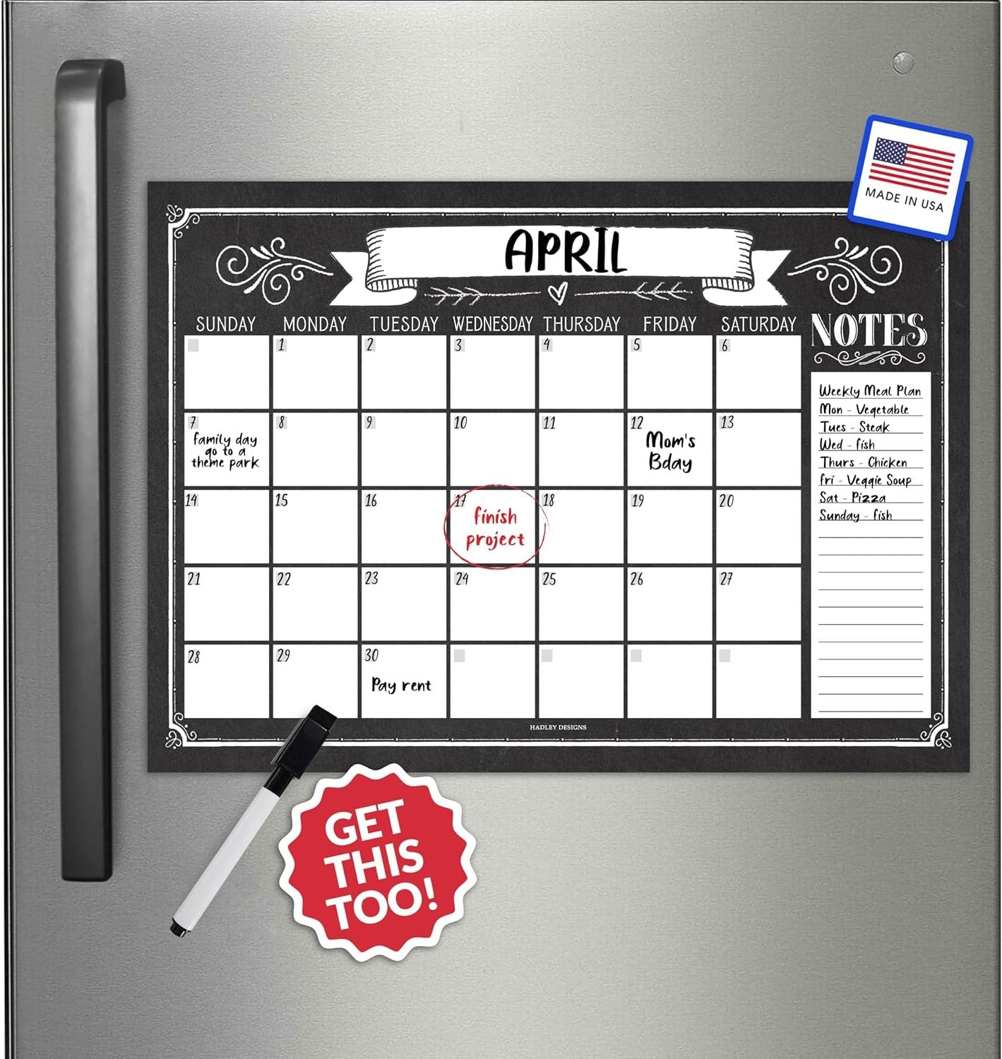 Chalkboard Small Magnetic Calendar for Refrigerator Dry Erase - Fridge Calendar Dry Erase Magnetic Whiteboard for Fridge, Refrigerator Calendar Magnetic Dry Erase Calendar, Magnet Calendar for Fridge