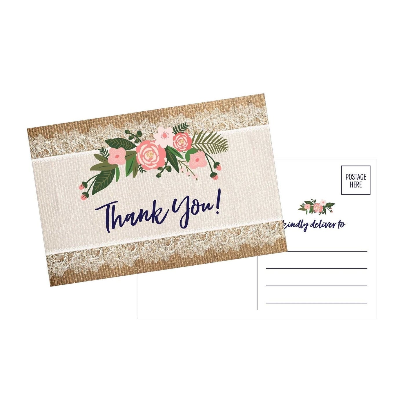 50 4x6 Rustic Flower Thank You Postcards Bulk, Cute Kraft Floral Watercolor Note Card Stationery For Wedding, Bridesmaid, Bridal or Baby Shower, Teachers, Appreciation, Religious, Business, Holiday