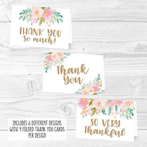 Pink Floral Folded Thank You Cards | Set of 24 | General