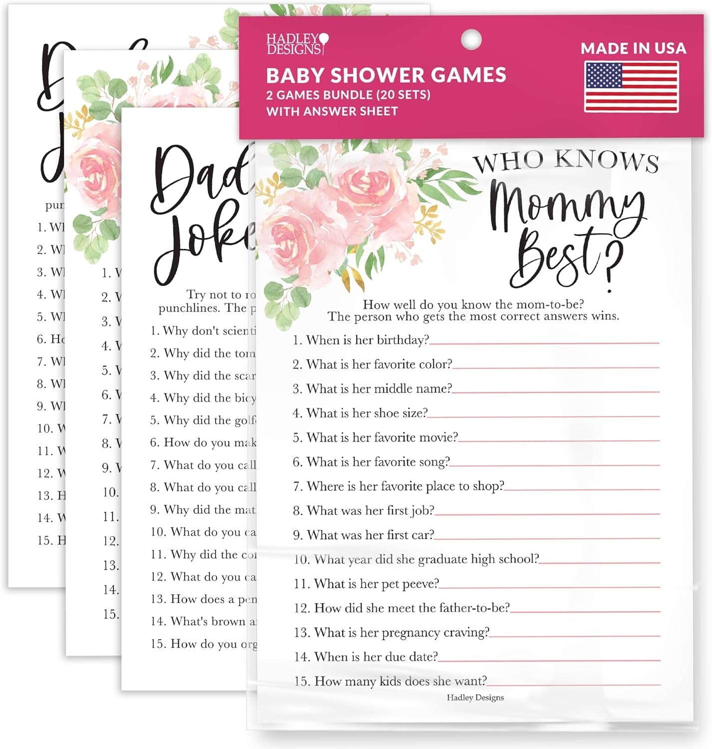 20 Floral Baby Shower Games for Girl - Hilarious Baby Shower Games Girl, Who Knows Mommy Best Baby Shower Game Card, Baby Games for Baby Shower Games Dad Jokes, Baby Girl Baby Shower Games Funny