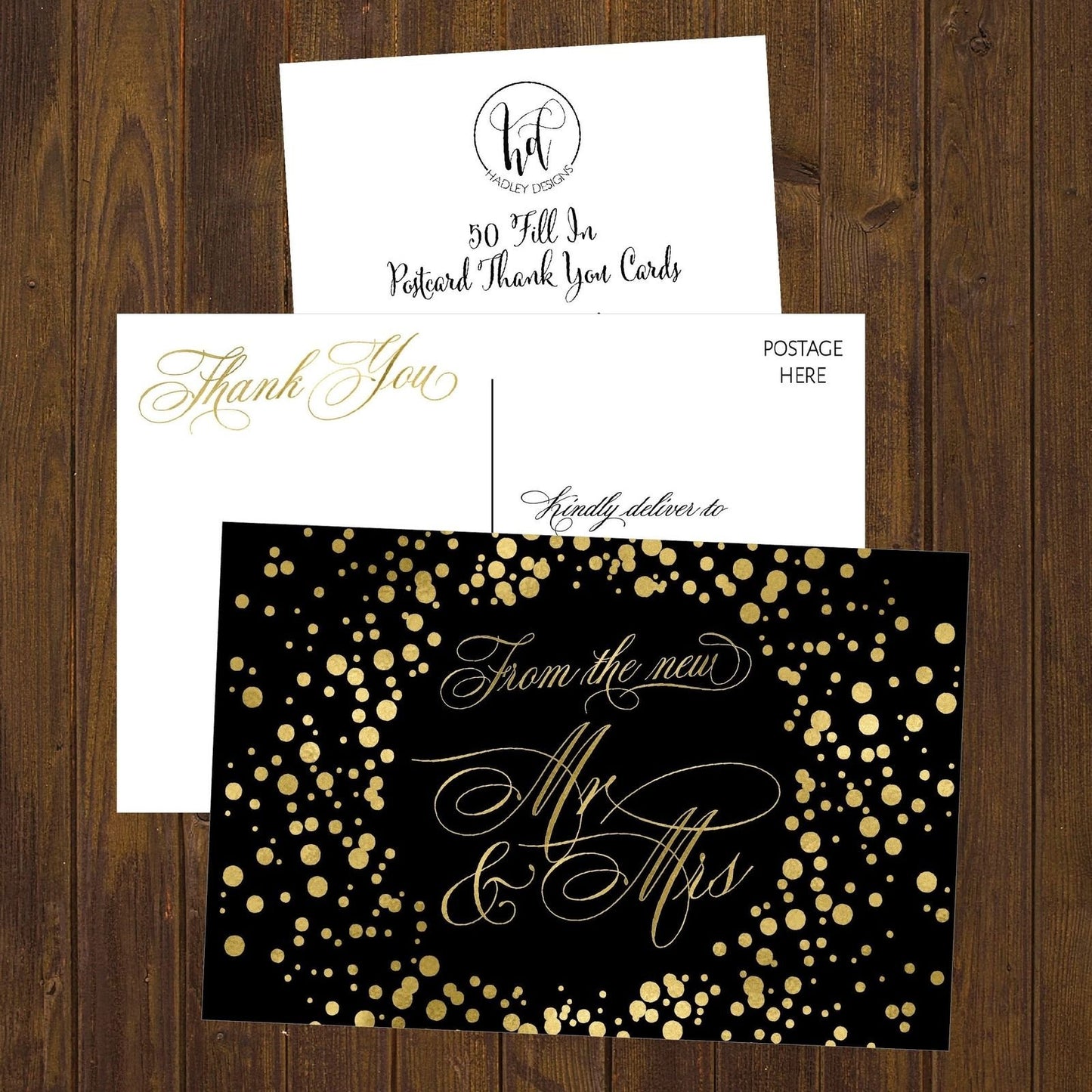 50 4x6 Black & Gold Modern Thank You Postcards Bulk, Cute Blank Thank You Cards From The New Mr. and Mrs. Thanks Note Card Stationery Set For Wedding Gifts, Bridesmaid, Bridal Shower, Engagement Party