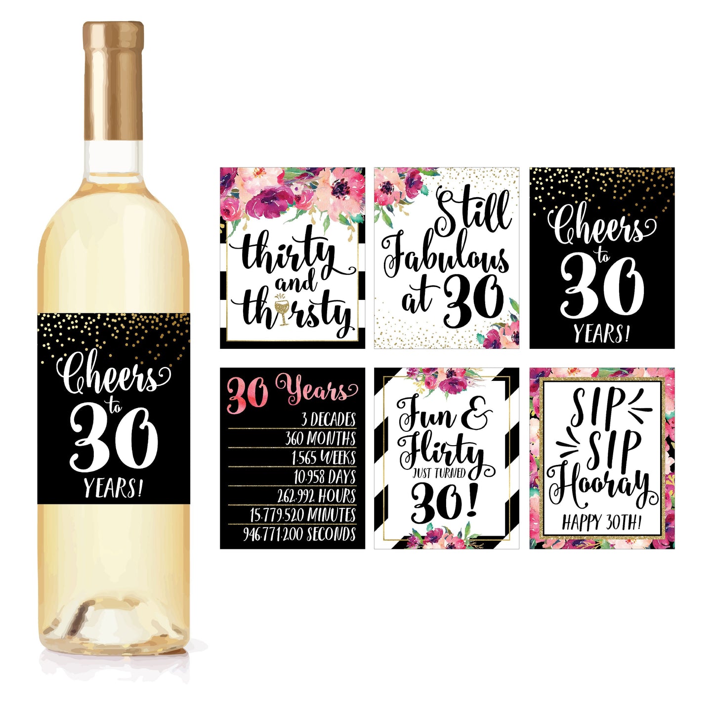 Birthday Milestones Wine Labels | Set of 6 | Party Supplies