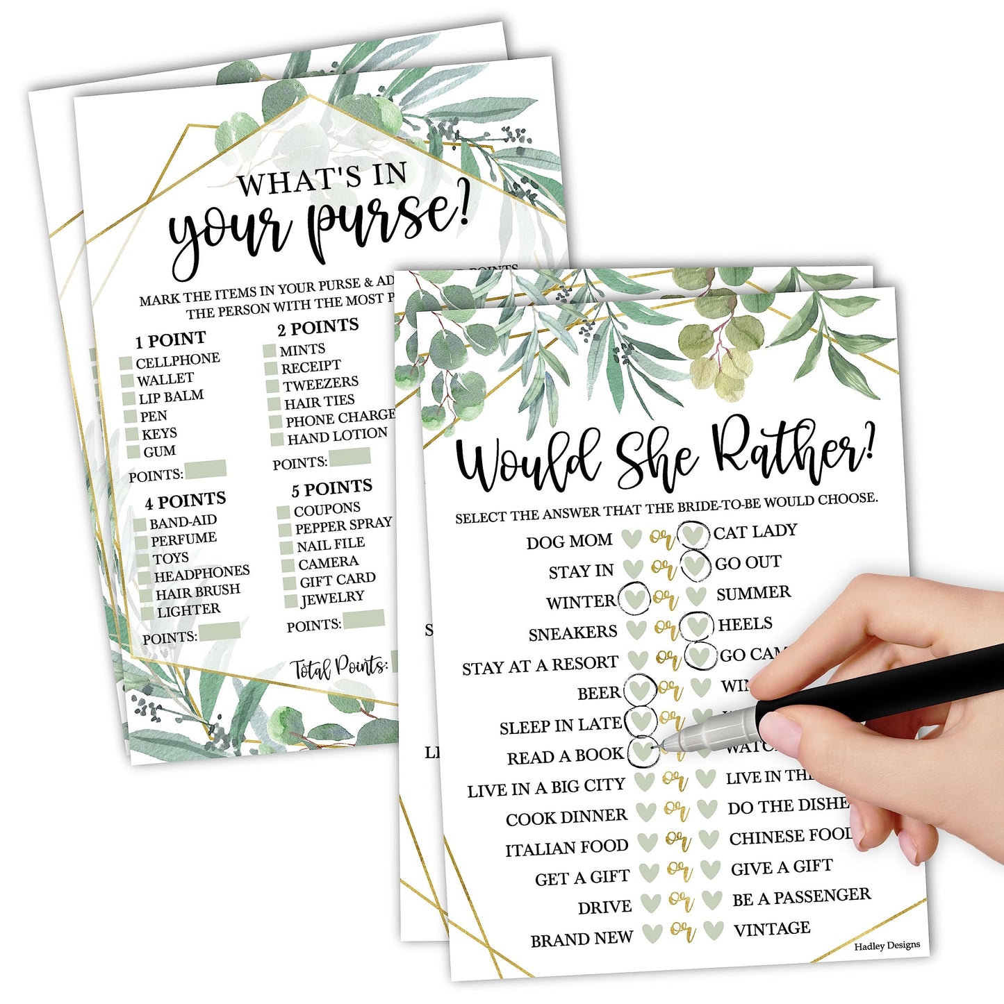 Would She Rather & What's in Your Purse Games | Set of 20 | Bridal Shower Games