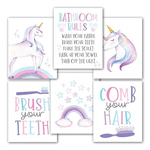 Unicorn Bathroom Wall Art | Set of 6 | Home Decor