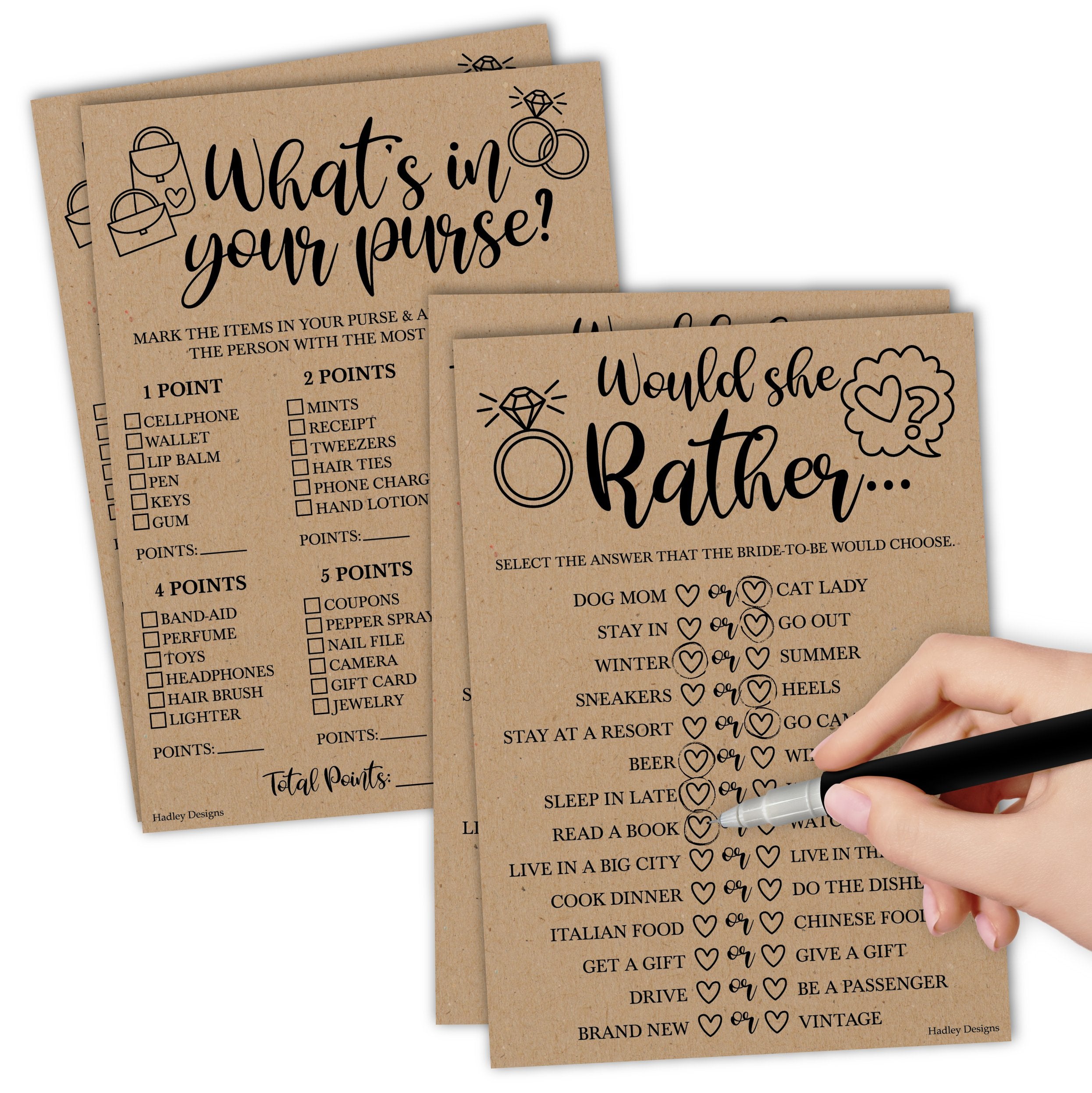 Would She Rather & What's in Your Purse Games | Set of 20 | Bridal Shower Games
