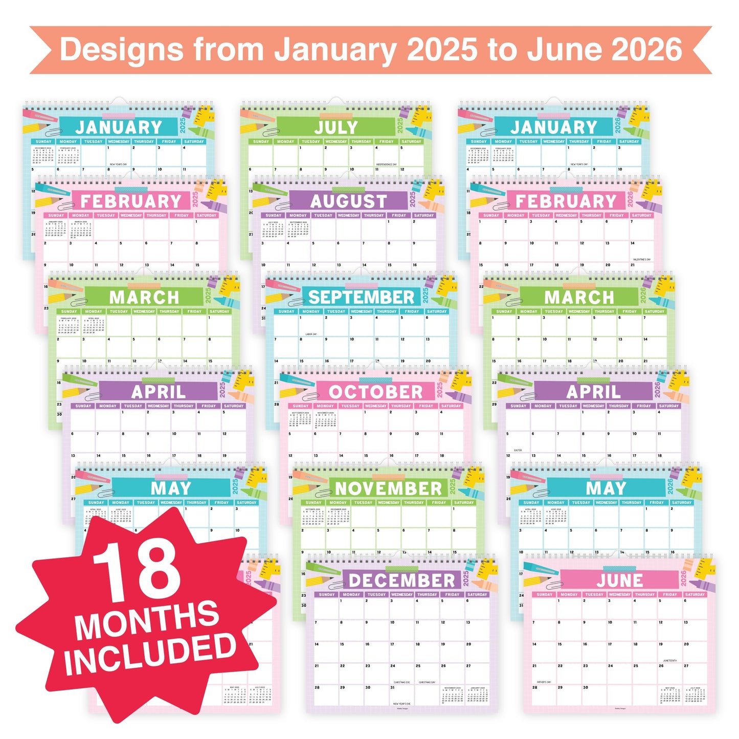 Office Doodle Large Wall Calendar | 2025-2026 | 18 Month | Home & Office