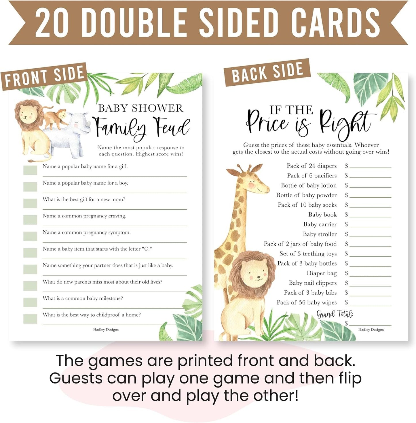 20 Safari Baby Shower Games Gender Neutral - Hilarious Baby Shower Games for Girl, Funny Baby Shower Games Boy, The Price is Right Baby Shower Game Cards, Baby Games for Baby Shower Family Feud Game