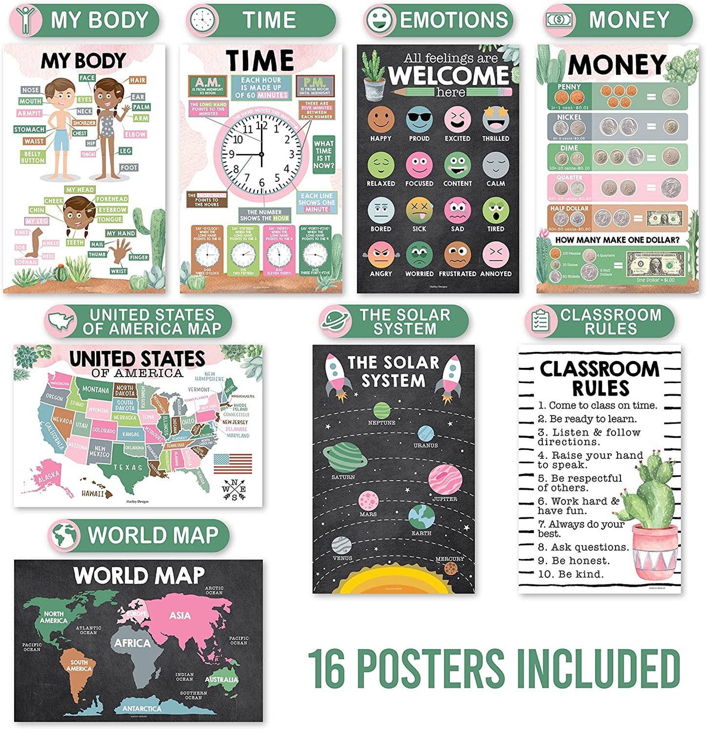 Cactus Educational Posters | Set of 16 | Classroom Supplies