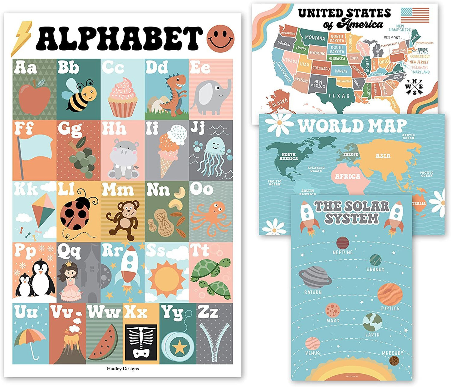 4 Retro Pre K Learning Posters For Toddlers 1-3 - ABC Poster For Toddlers Wall, Solar System Poster For Kids Maps, Preschool Classroom Map Of The World Poster, Kindergarten Homeschool Supplies