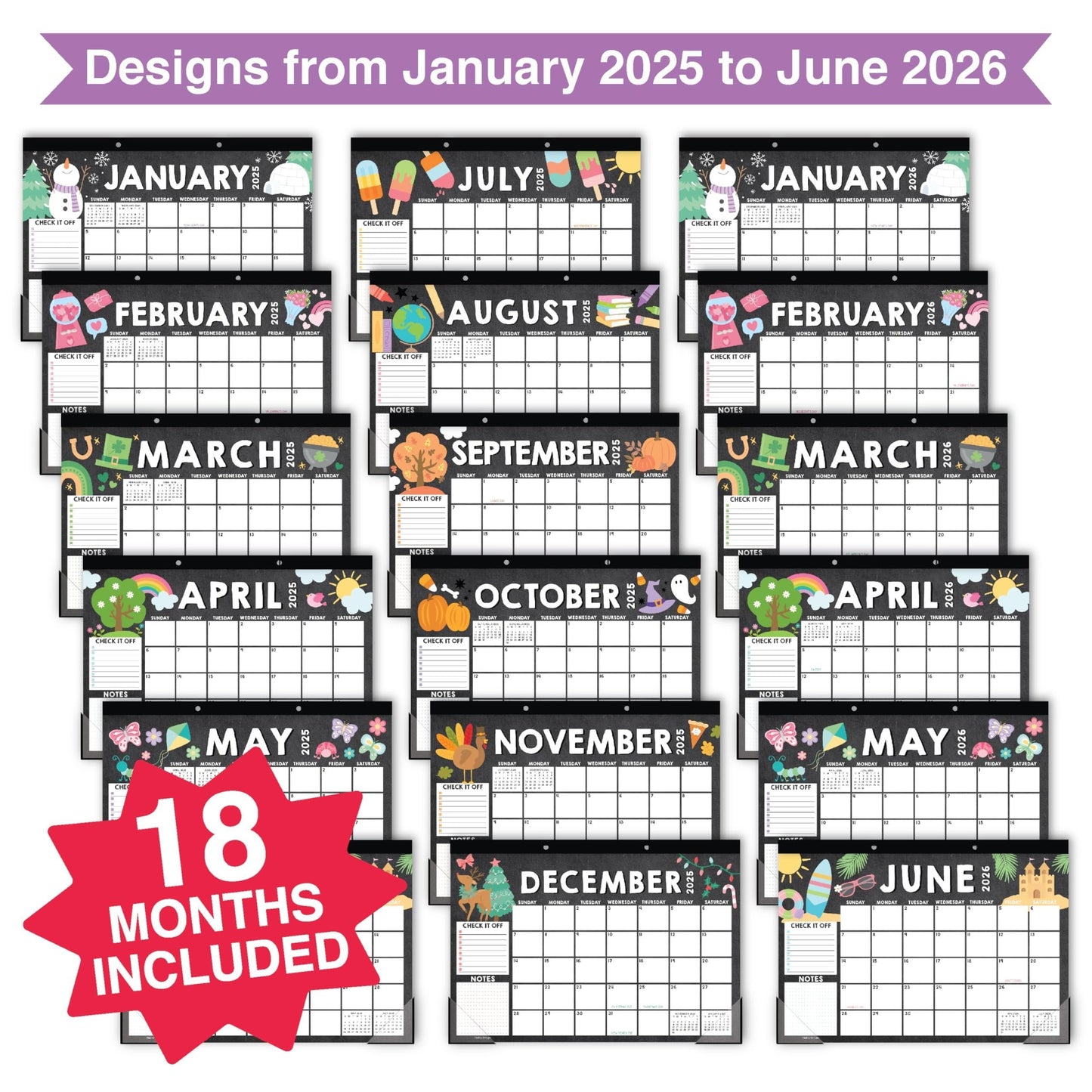 Chalk Doodle Large Desk Calendar | 18-Month | 2025-2026 | Calendars & Planners