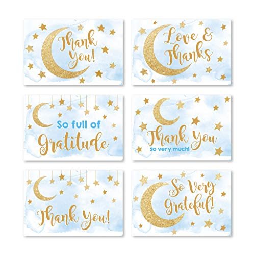 Blue Moon & Stars Folded Thank You Cards | Set of 24 | Baby Shower